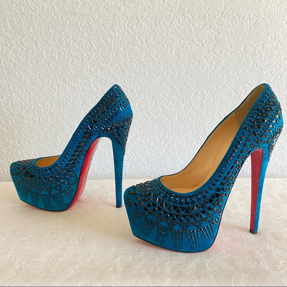 CHRISTIAN LOUBOUTIN Blue 
Decora Strass Suede platform Pumps - Picture 4 of 15
